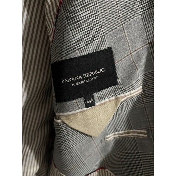 Size-Large Banana Republic Italian Fabric Blazer 44R Gray Windowpane Mens Coat - Picture 4 of 12